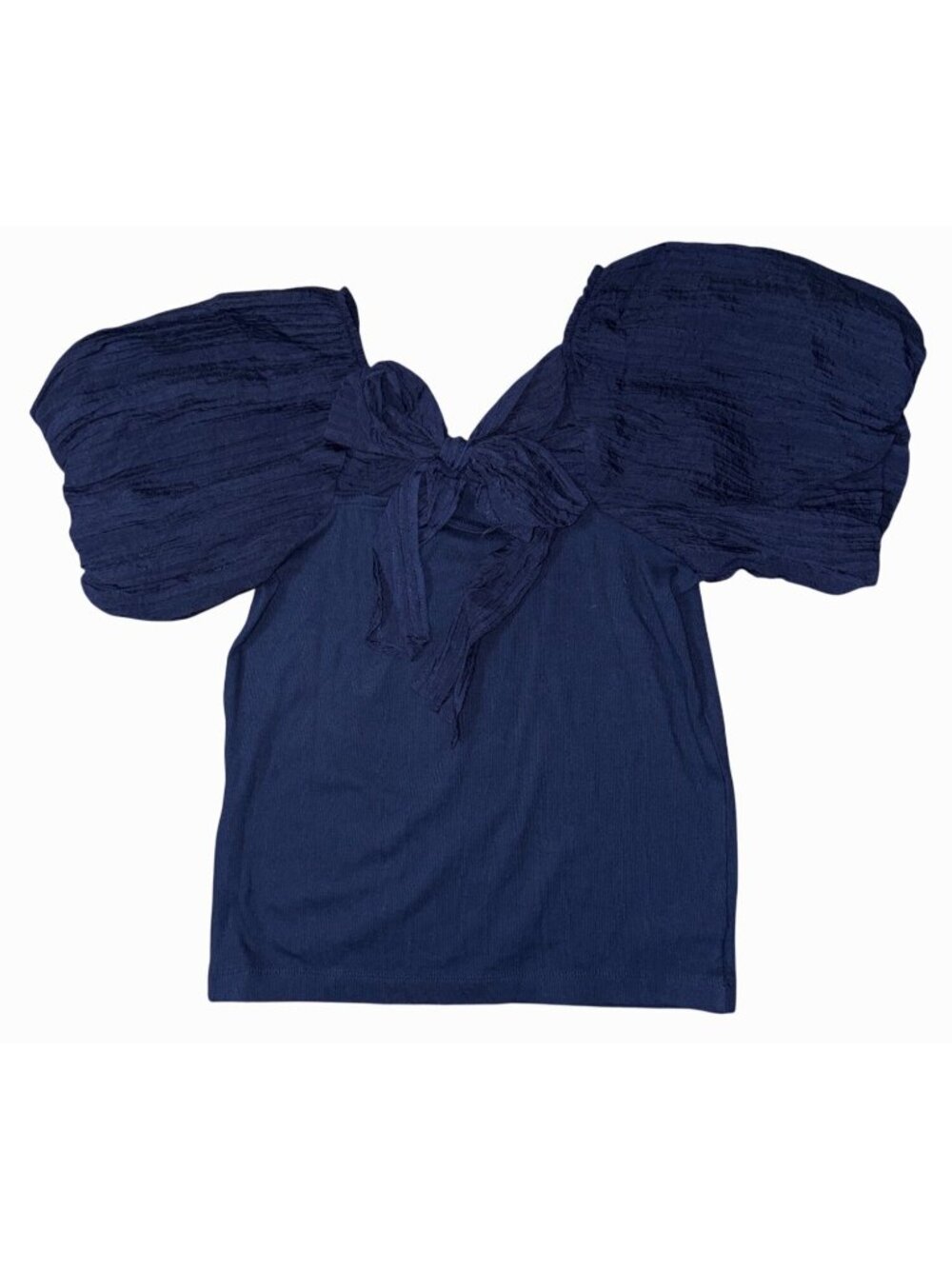NWT New Loft Navy Crinkle Seersucker Puff-Sleeve Top Bow Back Cotton Stretch L - Picture 13 of 13